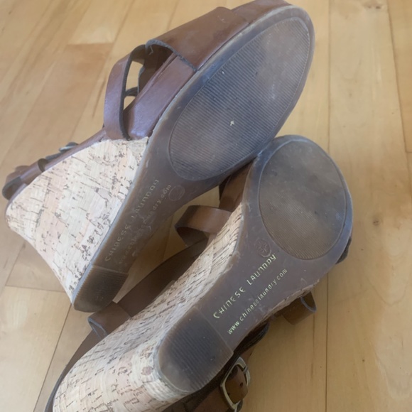 Strappy Leather Sandals with Wedge Cork Heel Brown Size 8 - Picture 3 of 5